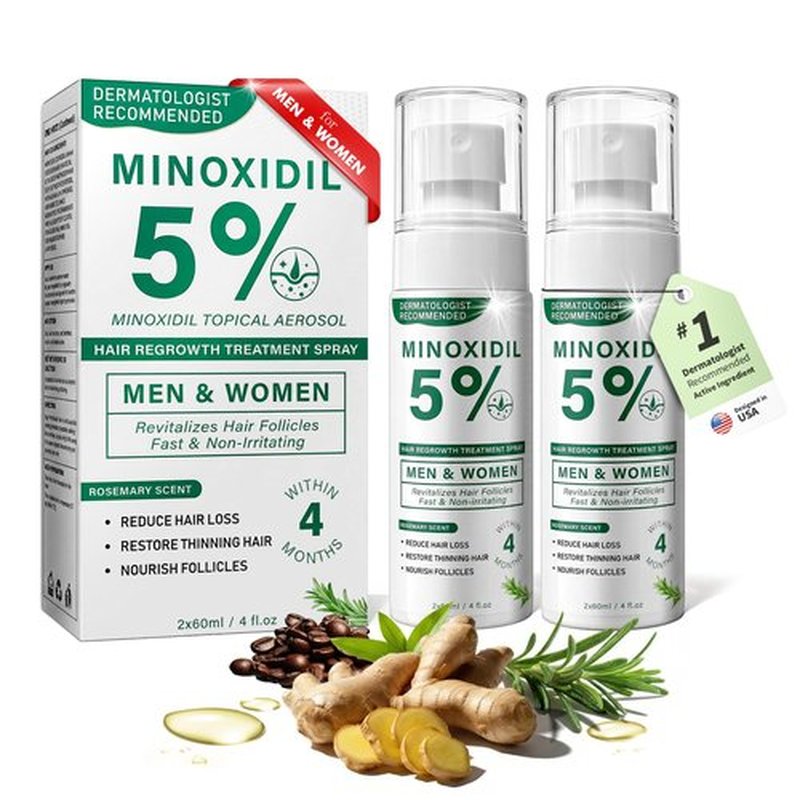5% Minoxidil Hair Regrowth Spray for Men and Women with Rosemary Scent – 2 x 60ml Value Pack for 4+ Months – Lightweight Non Greasy Mist for Thinning Hair Receding Hairline Crown Support (Rosemary)