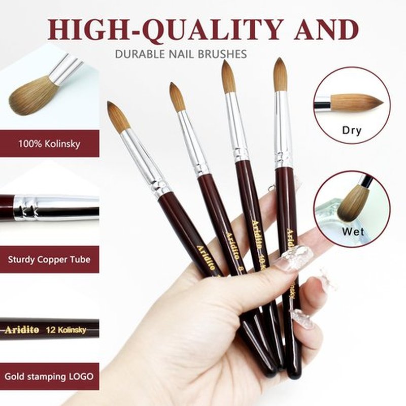 Aridito Round Head Kolinsky Acrylic Nail Brush Red Wine Color Wooden Handle For Professional Manicure DIY Home Salon （Size 8/10/12/14/16/18） (8# Kolinsky)