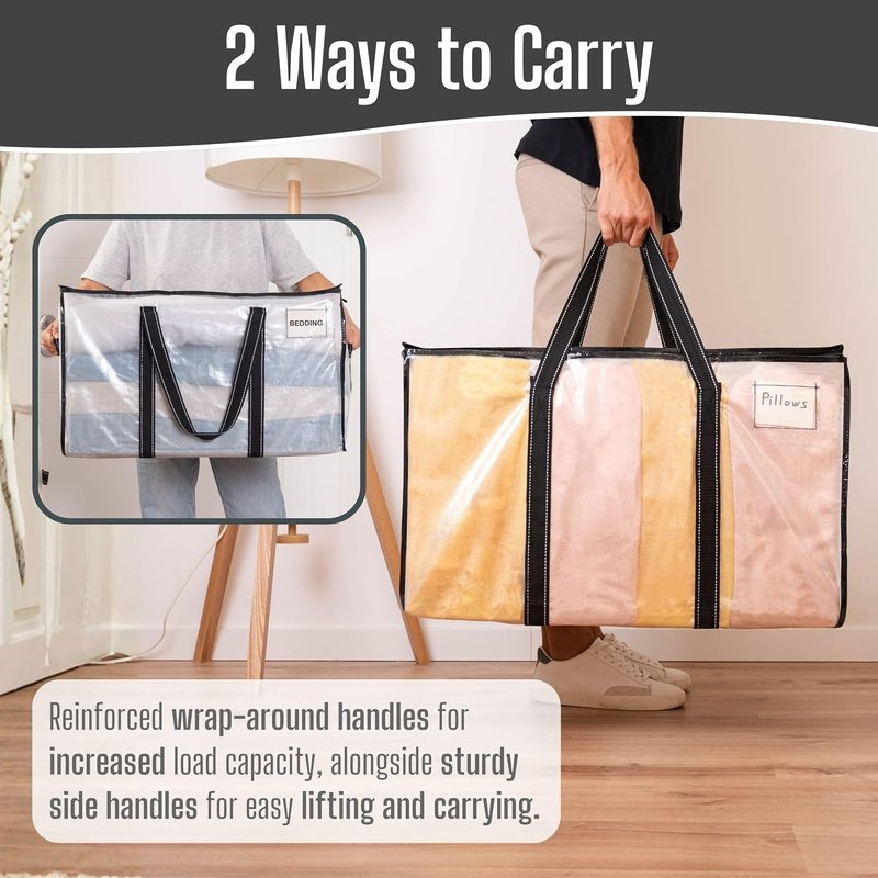 VENO Clear Moving Bags - 90L Extra Large Transparent Storage Totes | Heavy-Duty, Reinforced Handles & Zippers