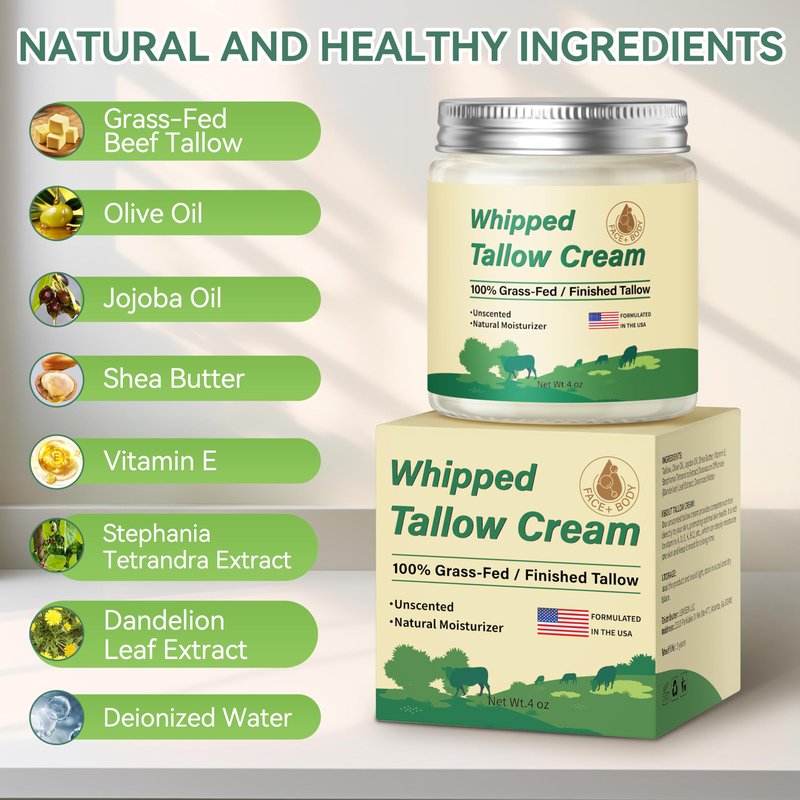 ZIIDII Beef Tallow for Skin, Organic Grass Fed Whipped Beef Tallow Balm Moisturizer Deeply Nourishing for Face & Body, Natural Unscented Tallow Face Moisturizer Cream for Dry Skin, 4oz