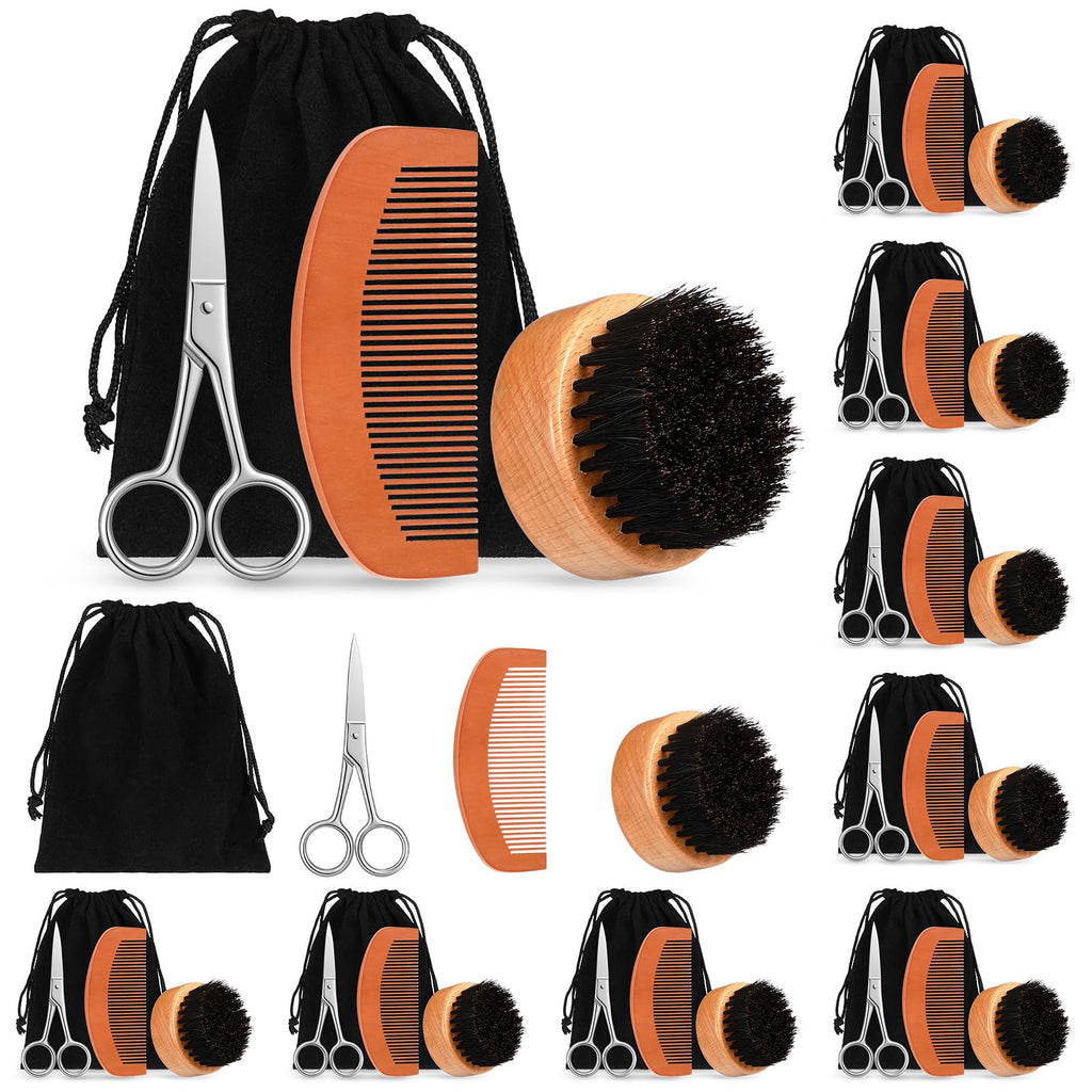 Maitys 10 Sets Beard Brush and Comb Set Bulk Boar Bristle Beard Brush Comb Scissors Kit Gifts for Men Father Colleague Employee Appreciation(Round)