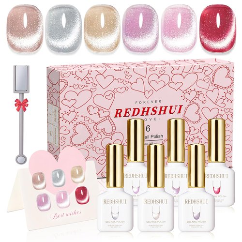 REDHSHUI Cat Eye Gel Nail Polish Set 6 Pcs Magnetic Sparkle Diamond Glitter Nude Pink Light Purple Red Silver Sheer Pink Velvet Ice Jelly Gel Polish with Magnet Stick UV LED Curing Requires Soak Off