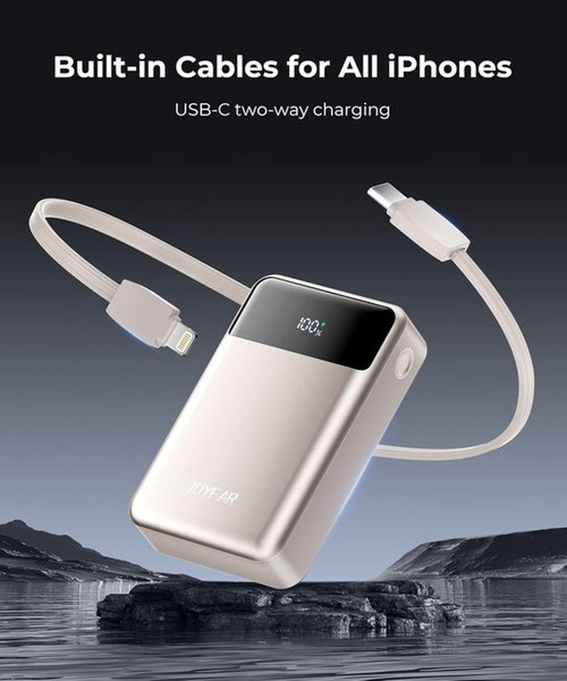 JOYFAR Portable Charger - 30000mAh Power Bank with Built-In Cable | Fast Charging for iPhone & Android (Gold)