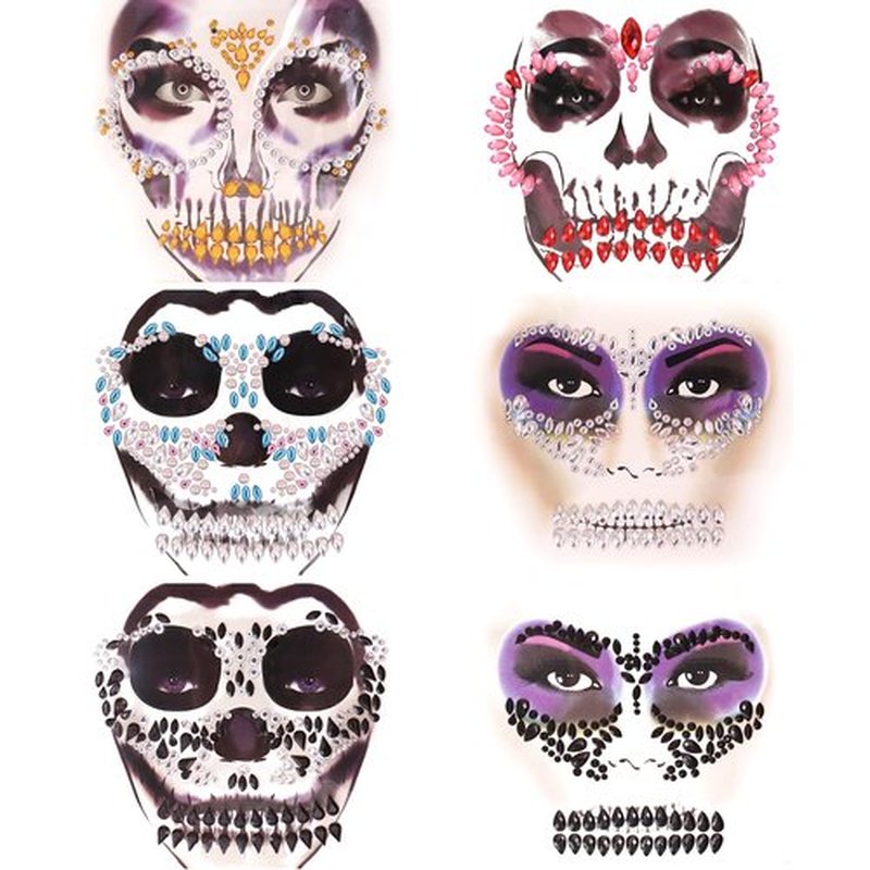 Erythem Skull Face Gems 6 Pack Day of the Dead Face Jewels Crystals Skeleton Face Gems for Halloween Festival Rave Party Makeup