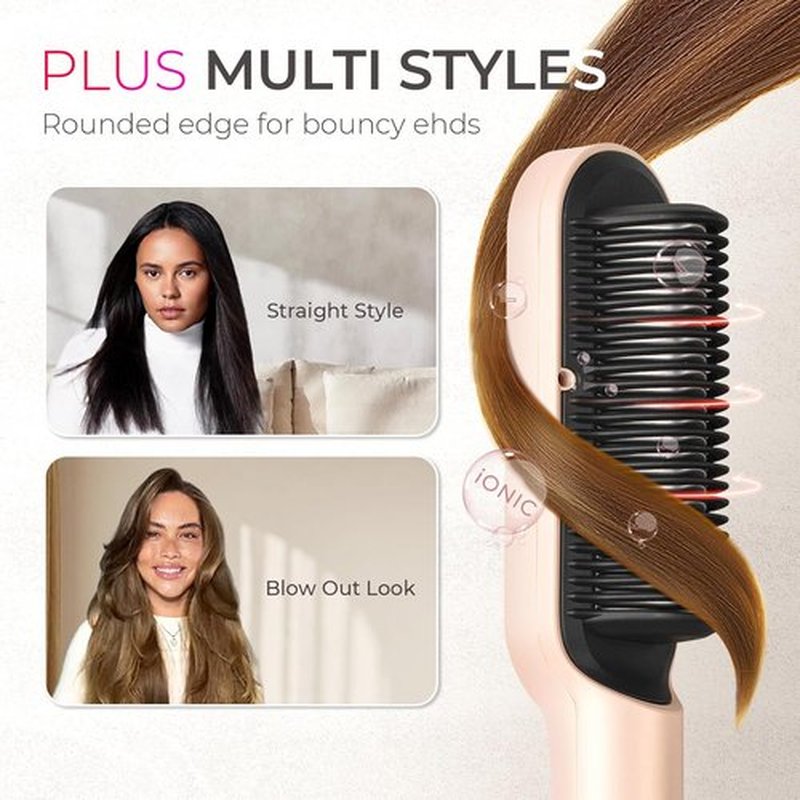 TYMO Ring Plus Ionic Hair Straightener Brush - Professional Styling Tool with 9 Temp Settings & LED Display, Gold Blush