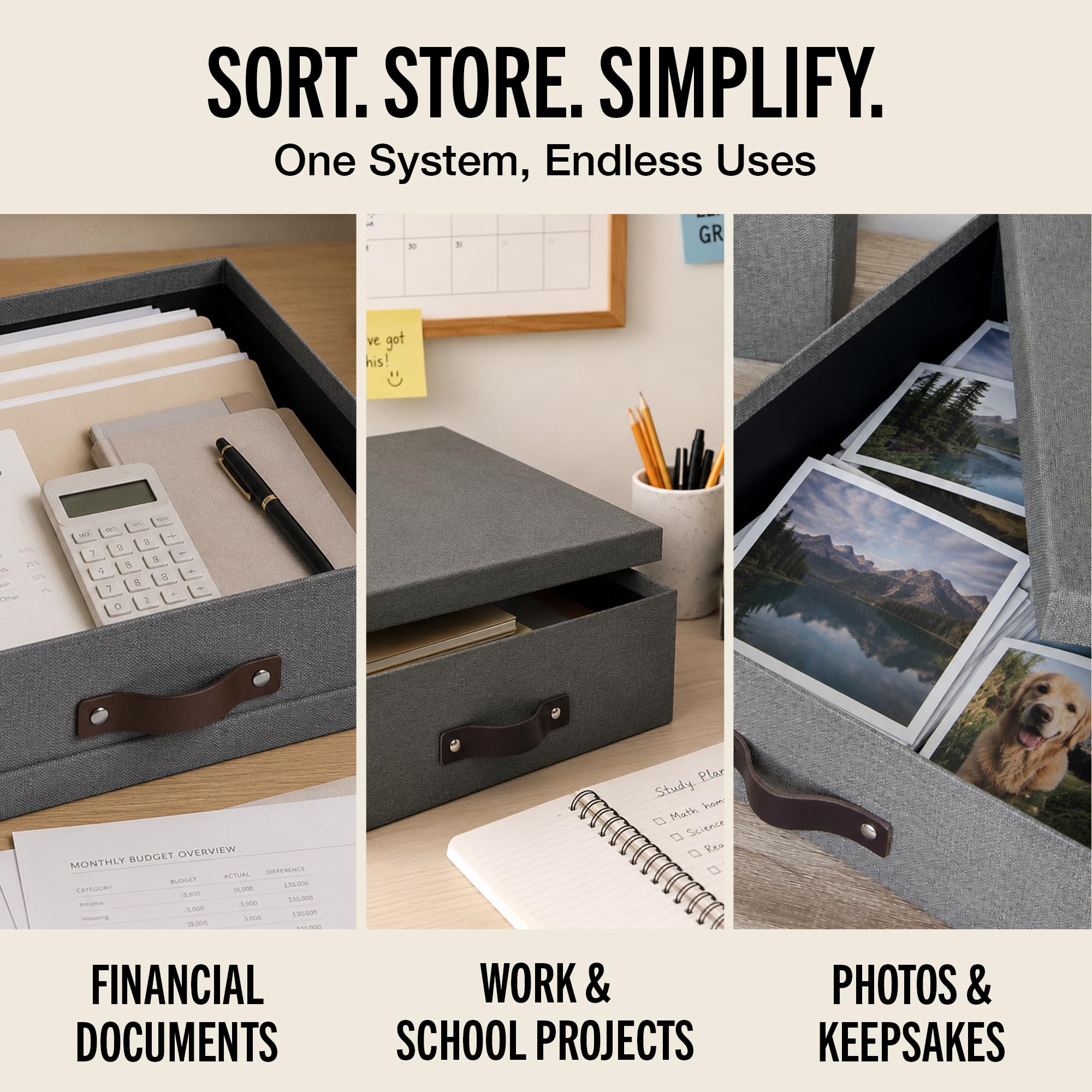 Bigso Oskar Canvas Fiberboard Document Letter Box - File Organizer Box for Important Paperwork - Document Storage with a Lid & Leather Handle - 3.3 in x 10.2 in x 13.8 in - Gray