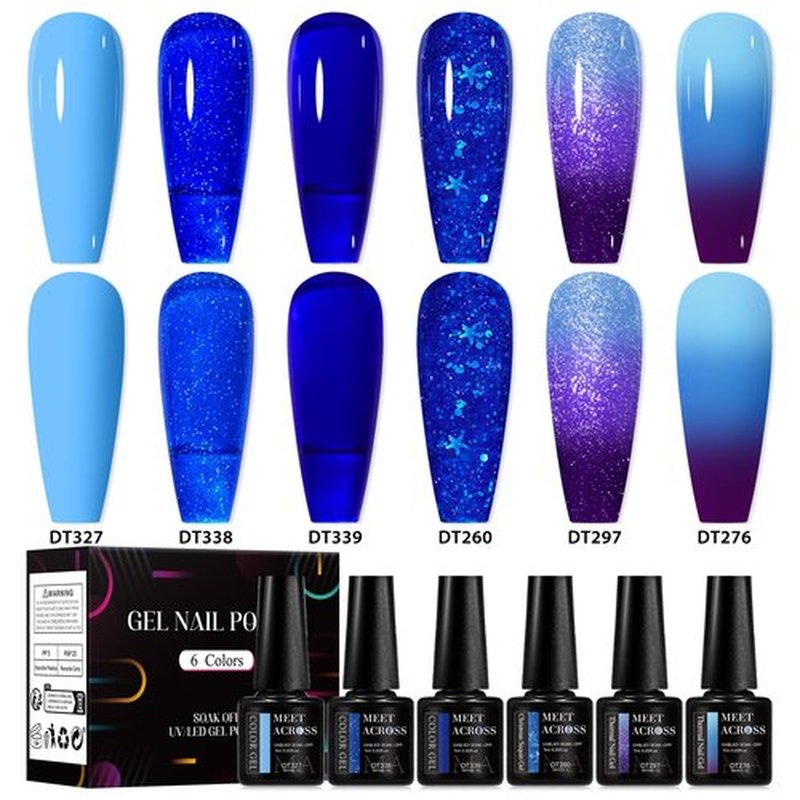 MEET ACROSS Vibrant Blue Glitter Gel Nail Polish Set, Long-Lasting Thermal Gel Polish, Soak Off UV LED Gel Polish for Salon-Quality Nail Art and DIY at Home - Easy to Apply and Remove