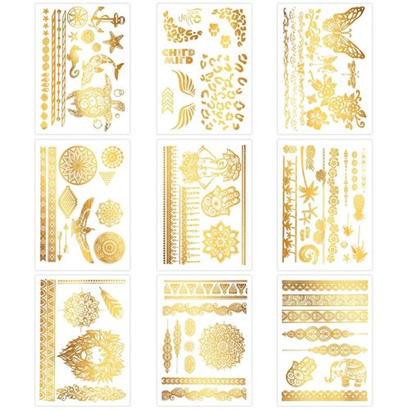 Konsait 9 Sheets Metallic Gold Temporary Tattoos for Women & Girls - Elegant Lion, Turtle, Floral, Butterfly & Elephant Designs for Parties, Cosplay, Festivals, Face & Body Art