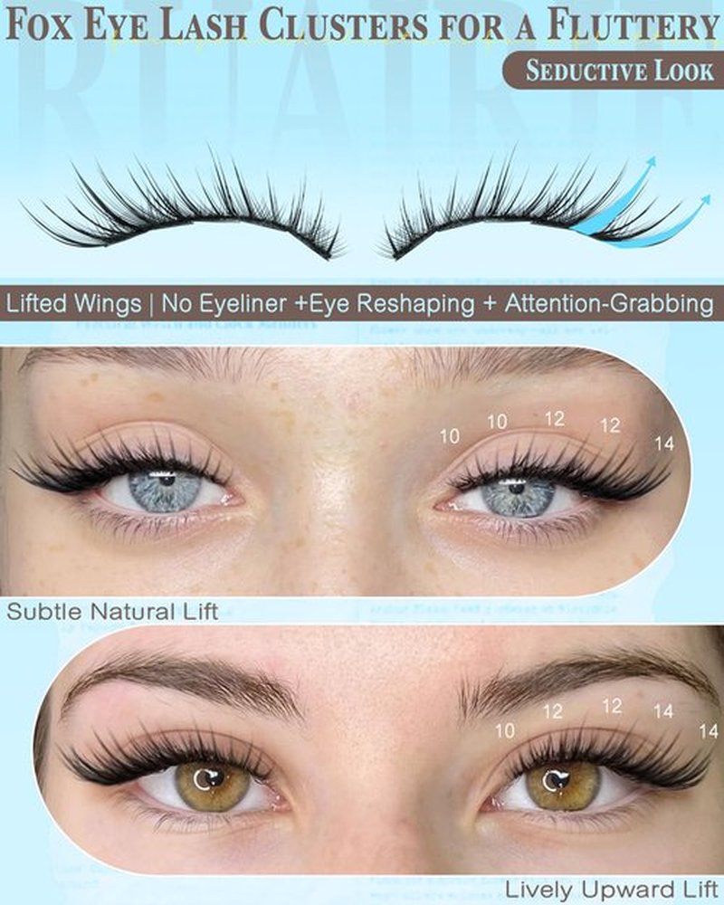 Fox Eye Lash Clusters Natural Eyelash Clusters 10-14mm Wispy Lashes Clusters Spiky Cluster Eyelash Extensions Fairy Cluster Lashes Daily Wear Eyelashes Clusters Hooded Eye DIY Lash Extension