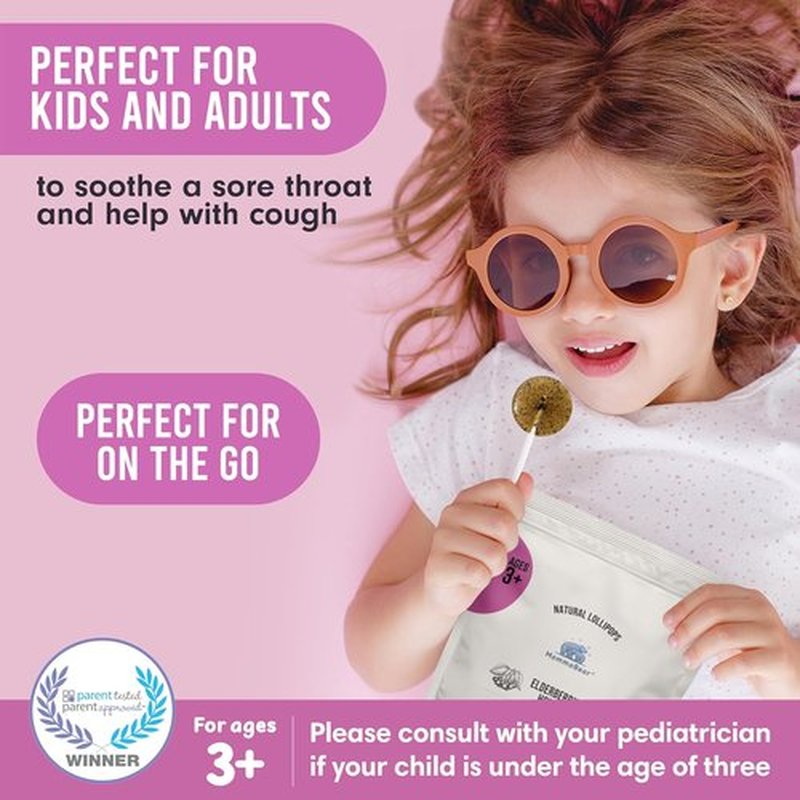 MommaBear Natural Sore Throat Care Lollipops - Organic Elderberry & Honey Kids Cough Treats | 10 Pack, No Artificial Additives