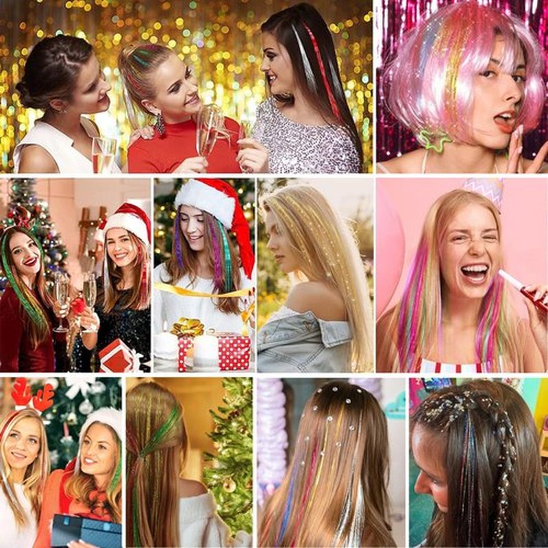 Hair Tinsel 12 Pcs Clip in Hair Tinsel Kit for Girls 20.5 Inch Glitter Shiny Sparkly Fairy Tinsel Hair Extensions Heat Resistant Party Festival Accessories for Women Kids (Peacock Blue)
