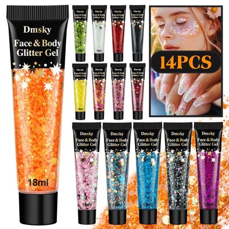 14 Colors Body Glitter,Face Glitter Makeup for Kids Women,Sparkly Chunky Hair Glitter for Eye Lip Nails,Mardi Gras Glitter Makeup Face Paint,Singer Concerts Disco Rave Festival Accessories