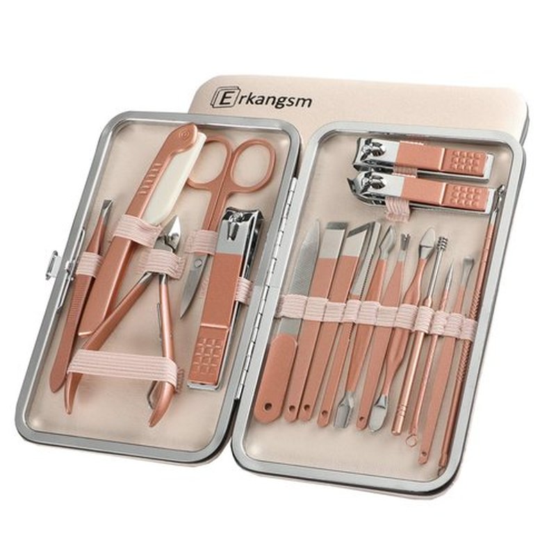 Professional Manicure Pedicure Stainless Set - Erkangsm 18 in 1 Manicure Pedicure Grooming Kit,Nail Clippers,Toenails Scissors,Ear Pick,Nail Tools with PU Leather Travel Case (Pink)