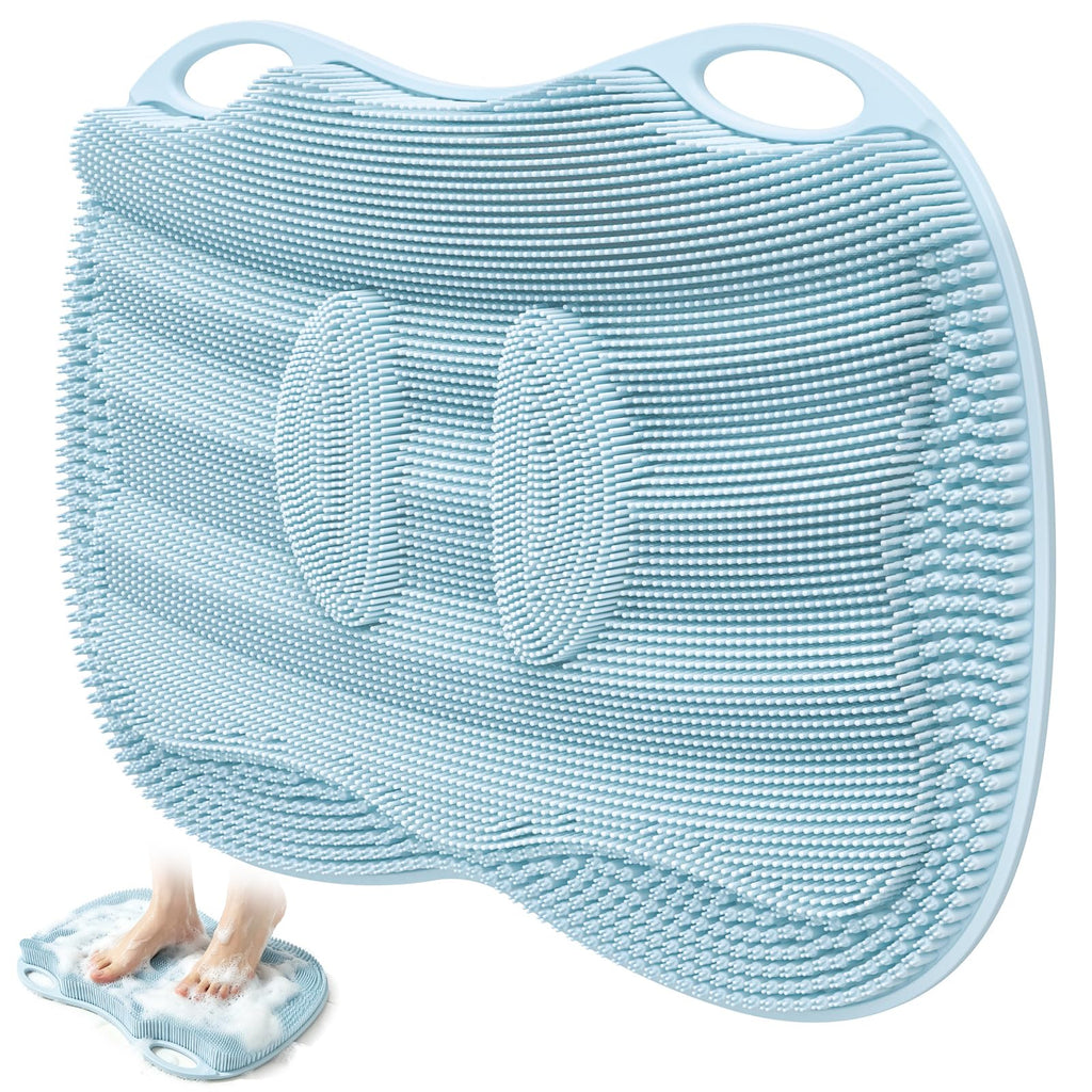 Mabnuby XL Shower Foot Scrubber Mat, Silicone Feet Massage Scrubber in Shower Clean Foot Toes Pad without Bending Non-slip Suction Cups -Blood Circulation Exfoliate Achy Relief 17.4*13.4" Light Blue