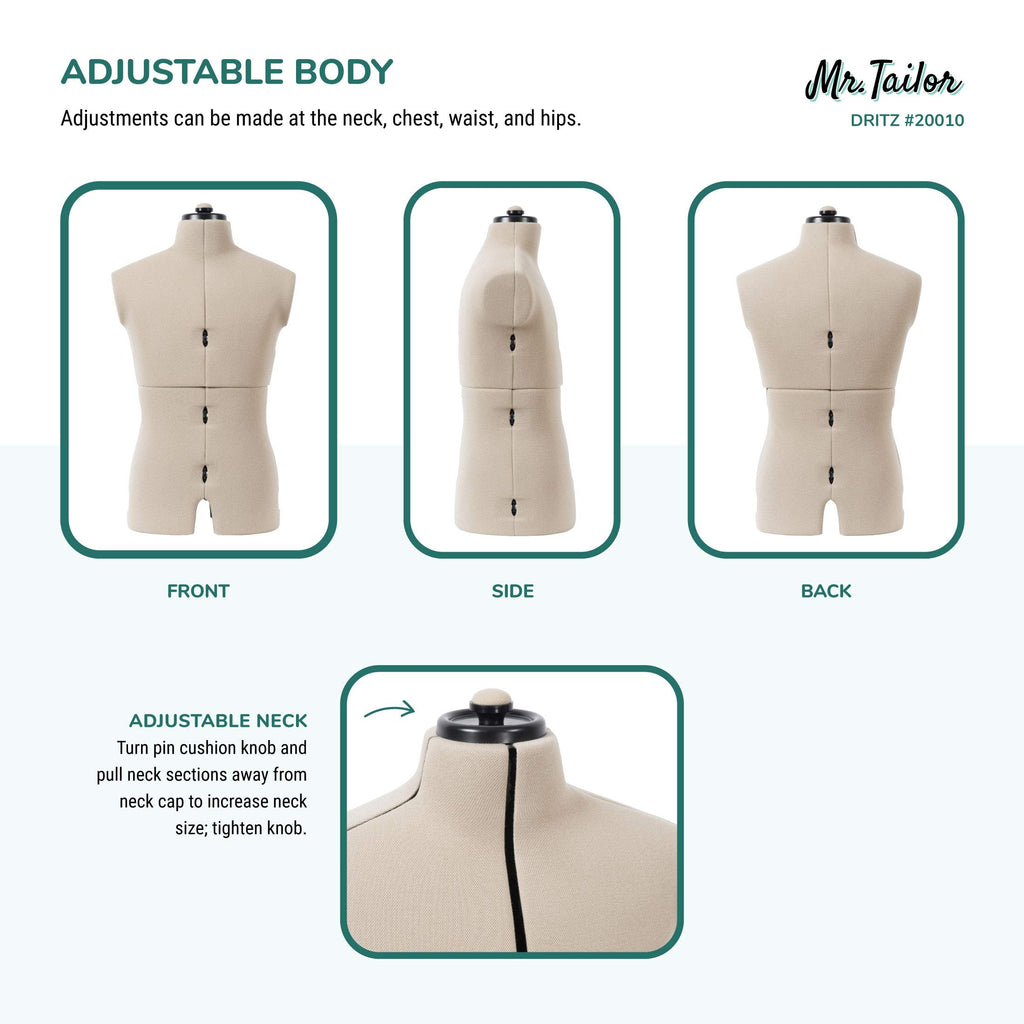 Dritz Mr. Tailor Adjustable Dress Form - Men Size US M-XL - Male Clothing Mannequin for Sewing, Fitting, and Draping - Pinnable Sewing Mannequin with 13 Dials for Fitting