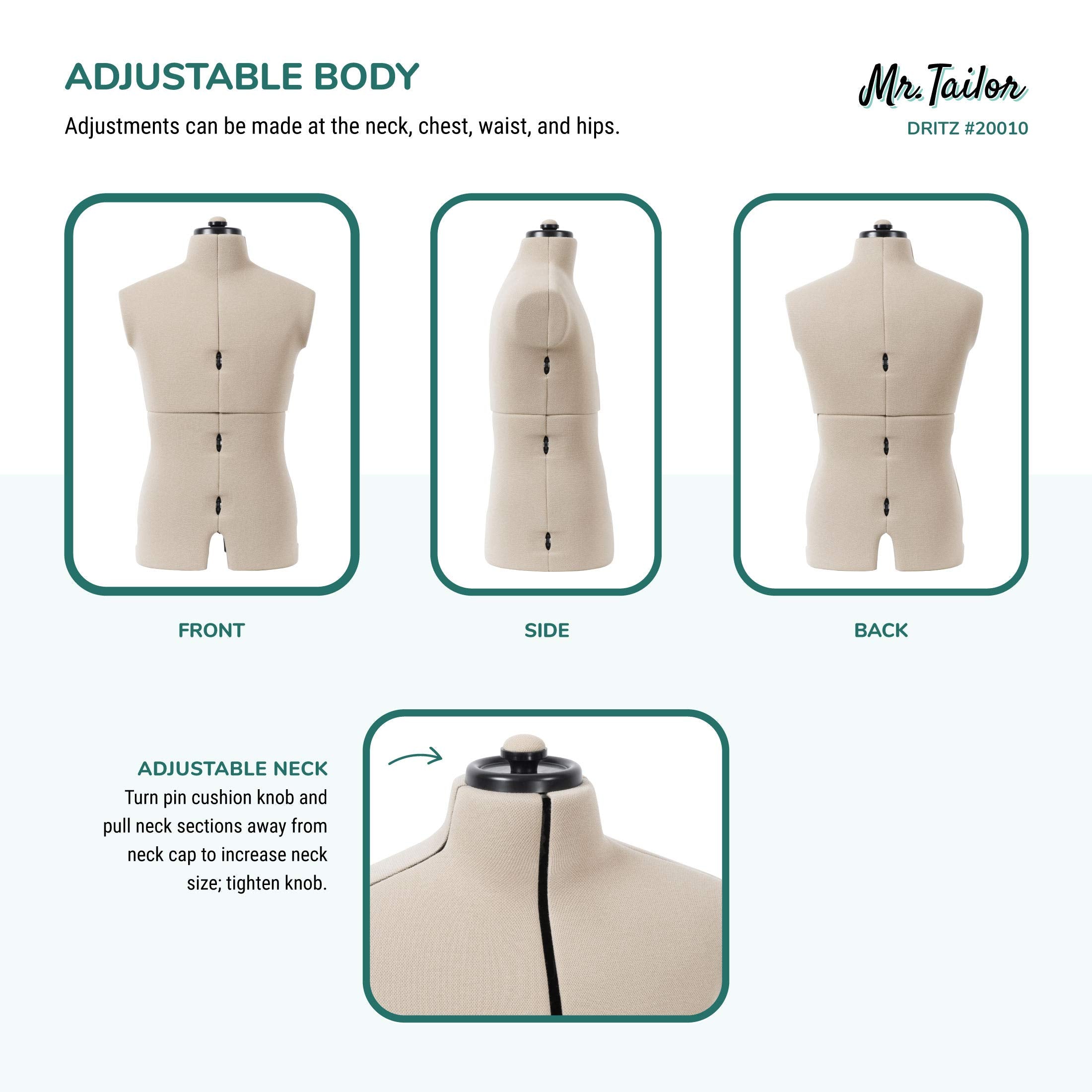 Dritz Mr. Tailor Adjustable Dress Form - Men Size US M-XL - Male Clothing Mannequin for Sewing, Fitting, and Draping - Pinnable Sewing Mannequin with 13 Dials for Fitting