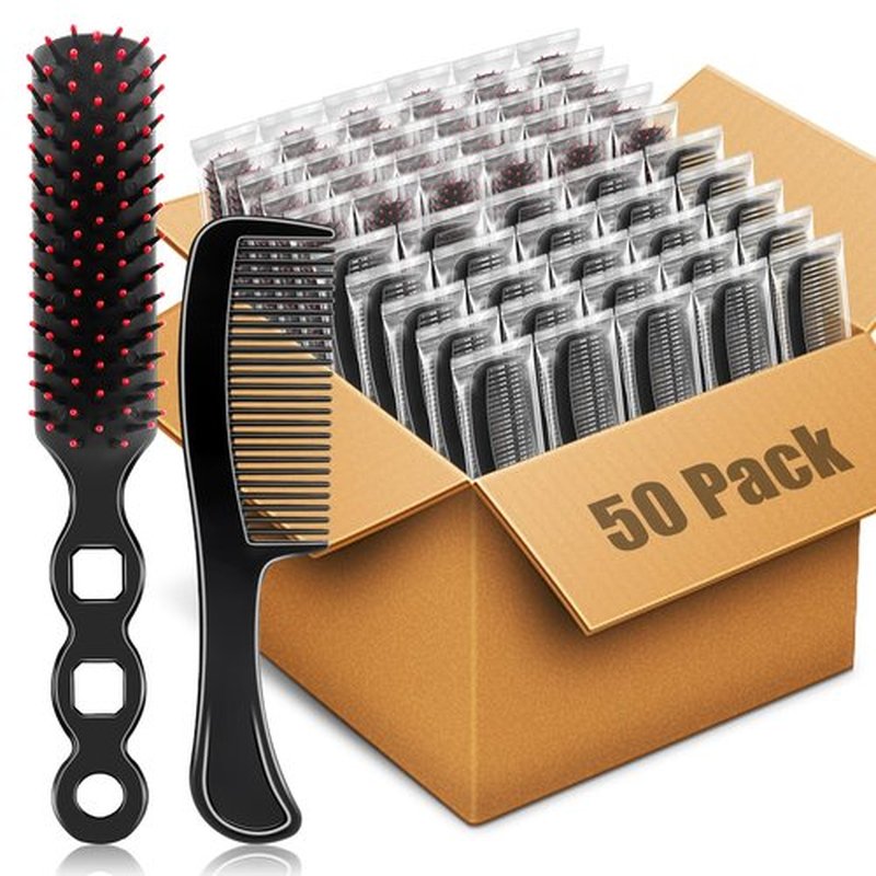 HOFASON 50 Pcs Bulk Hair Brushes Combs Set for Homeless Women, Individually Wrapped Detangling Hairbrush and Comb for Kids Homeless Hotel Nursing Charity Hygiene Supplies(Black)