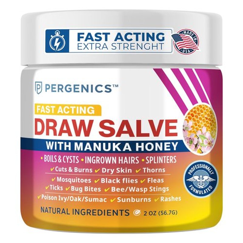 Pergenics Manuka Honey Draw Salve Ointment for Skin Soothing, Boil & Cyst, Ingrown Hair, Splinter Remover, Bug Spider Bites, Bee Sting, Mosquito Itching, Poison Ivy, Minor Cuts, Burns, 2 Oz