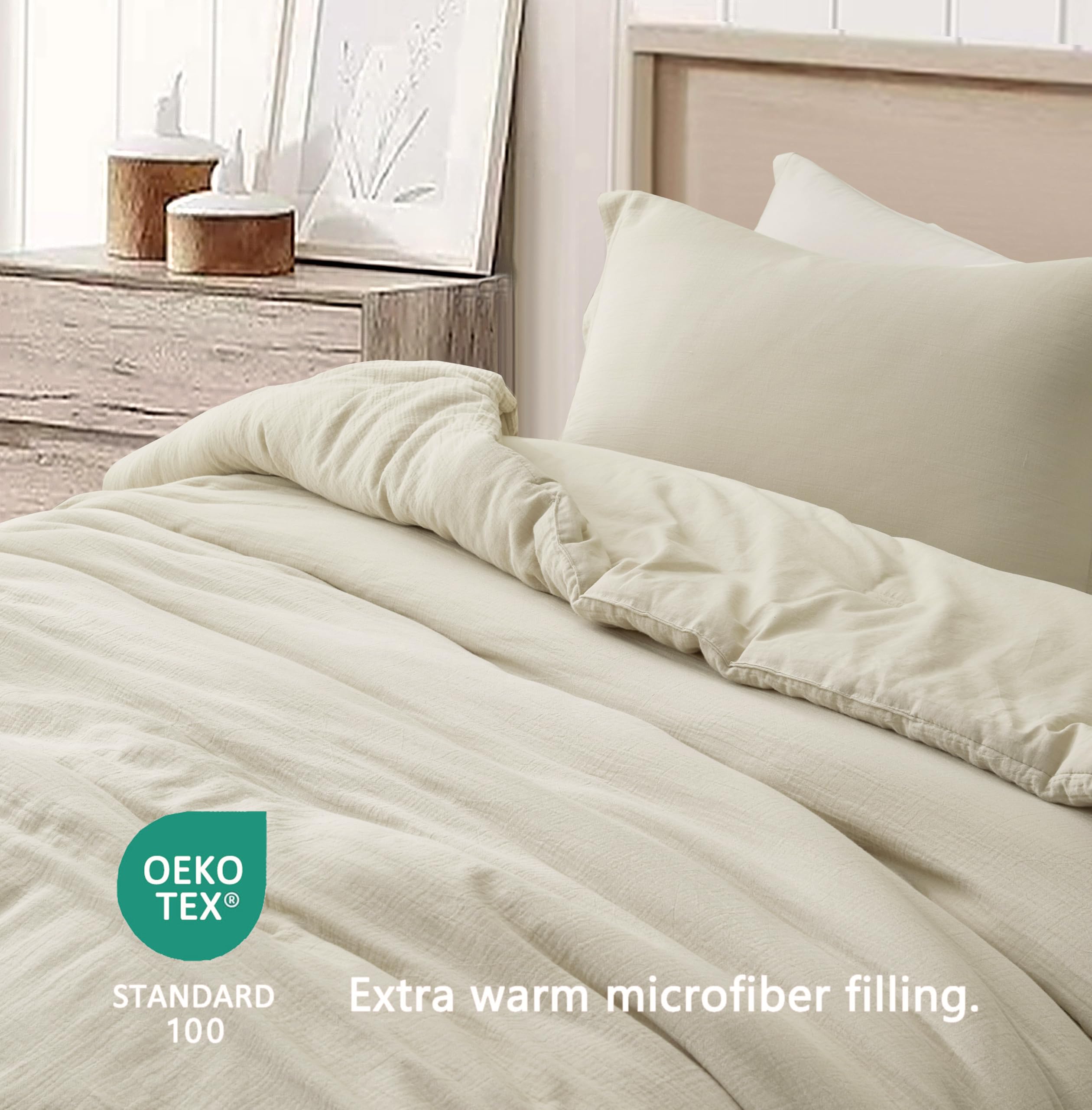 Chezmoi Collection Breeze 3-Piece 100% Cotton Muslin Oversized King Comforter Set, Natural Color Soft Washed Cotton Gauze Comforter, Lightweight Breathable Reversible 240GSM Fill Summer Bedding