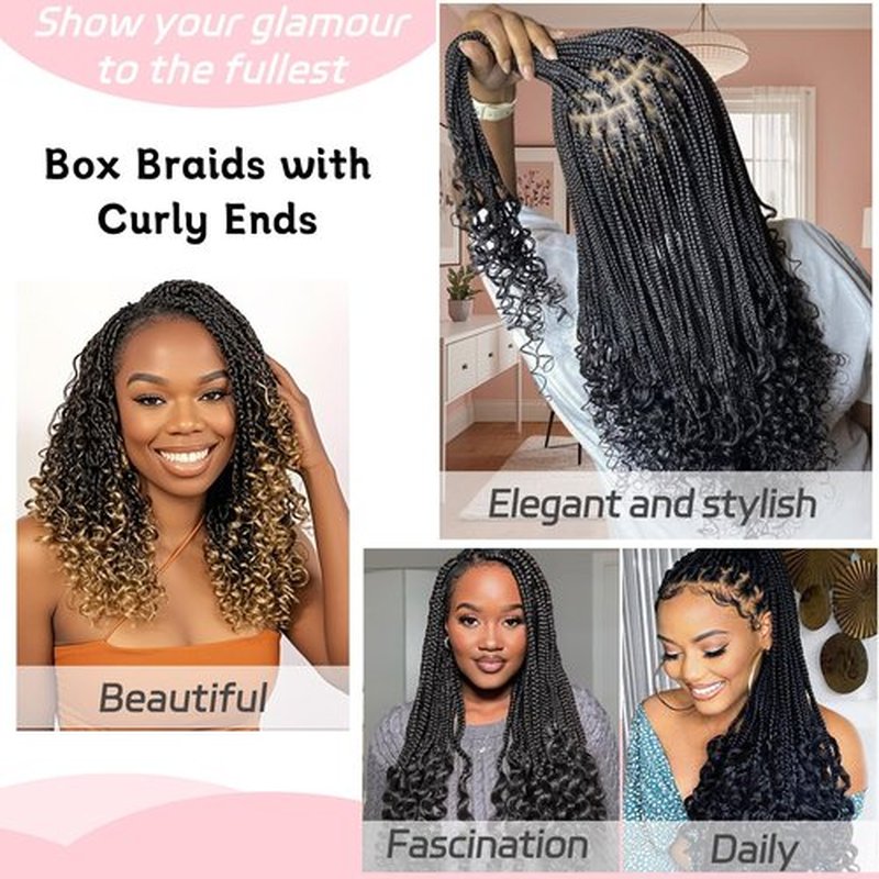 14 Inch Crochet Box Braids Crochet Hair with Curly Ends 8 Packs Pre-looped 3X Goddess Box Braids Hair Extensions Synthetic Bohemian Box Braiding Hair for Women (15Strands/pack 1B#)