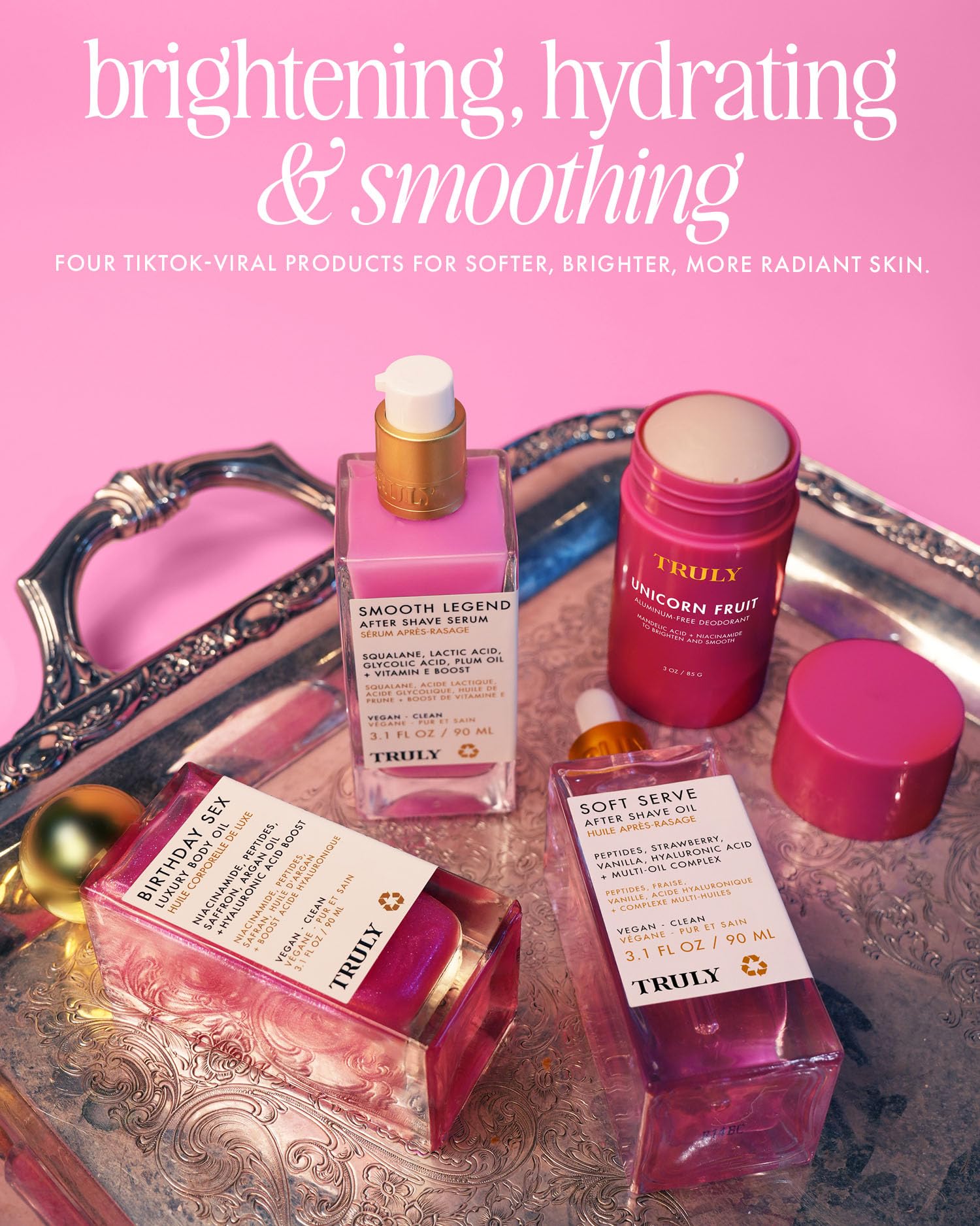 Truly Beauty The Viral Edit | TikTok Viral 4-Piece Glow & Hydration Set | Soft Serve After Shave Oil, Birthday Sex Body Oil, Smooth Legend Serum & Unicorn Fruit Deodorant