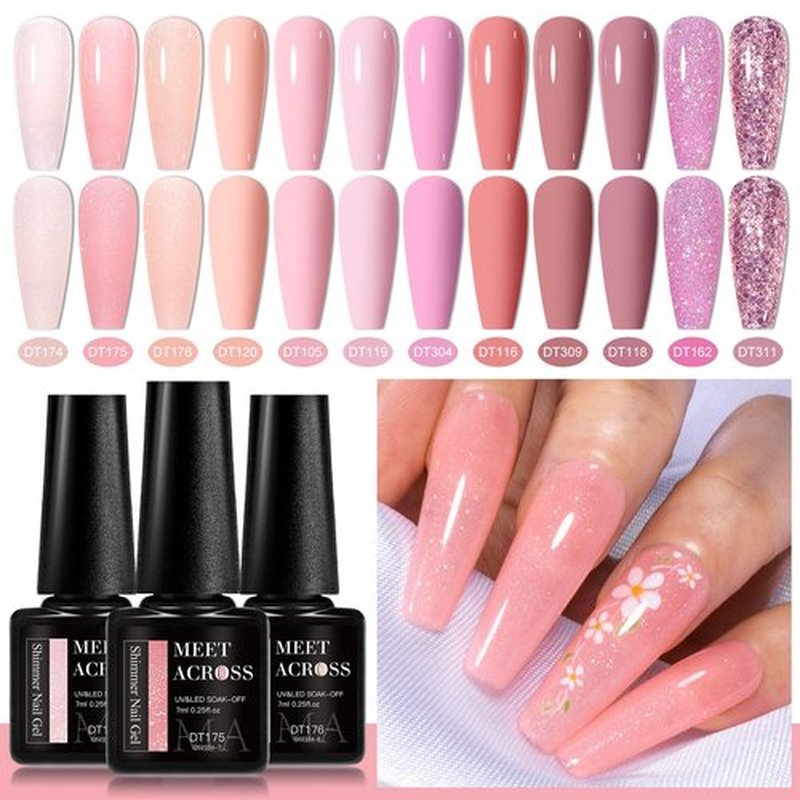 MEET ACROSS Pink Gel Nail Polish Kit, Popular Color Nude Glitter Nail Gel Suitable For All Seasons Gel Polish Soak Off UV LED Semi-Permanent Varnish For DIY Manicure
