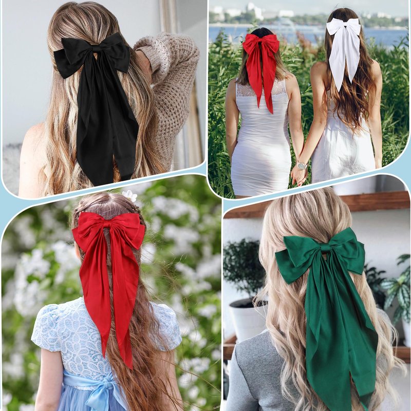 WLLHYF Satin Hair Bows for Women, 20 Pcs Big Hair Bows with Long Tails Ribbon Barrettes Hair Clips Silky Soft Hair Pins Vintage French Hair Accessories for Girl Princess
