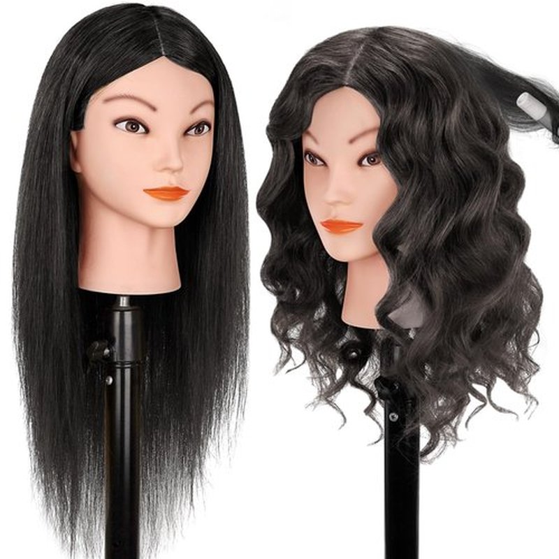 Mannequin Head with 100% Human Hair, MYSWEETY 18" Real Hair Manikin Doll Head for Hair Styling, Cosmetology Mannequin Hairdressing Practice Training Head with Clamp Holder and Tools(Black, Makeup)