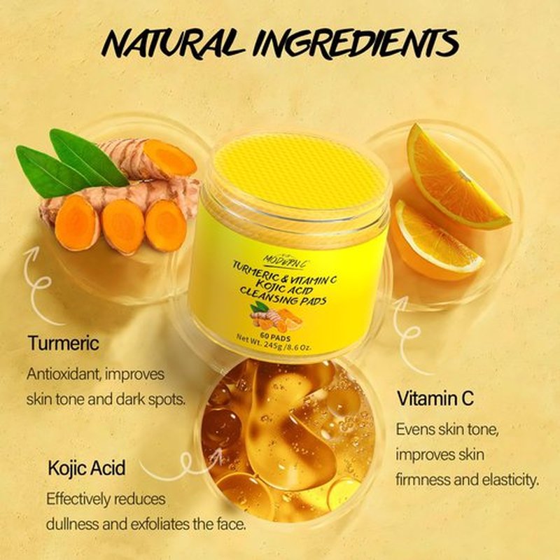Turmeric Kojic Acid Cleansing Pads for Face 60 Pcs Turmeric Face Scrub for Dark Spots Vitamin C Exfoliating Pads Even Out Skin Tone with Exfoliating Cotton Rounds