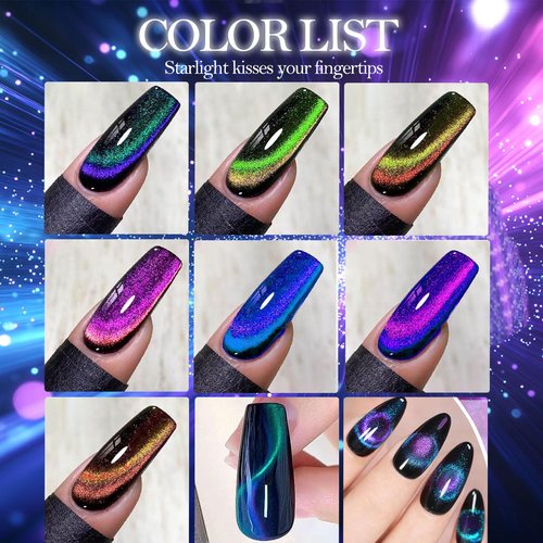 NAILGIL Cat Eye Gel Nail Polish Set, 9D Cat Eyes Polish Glass Effect with Magnet Stick, 3-Color Shifting Magnetic Gel Polish Chameleon Galaxy Effect Professional Use for Salon, 8 Colors
