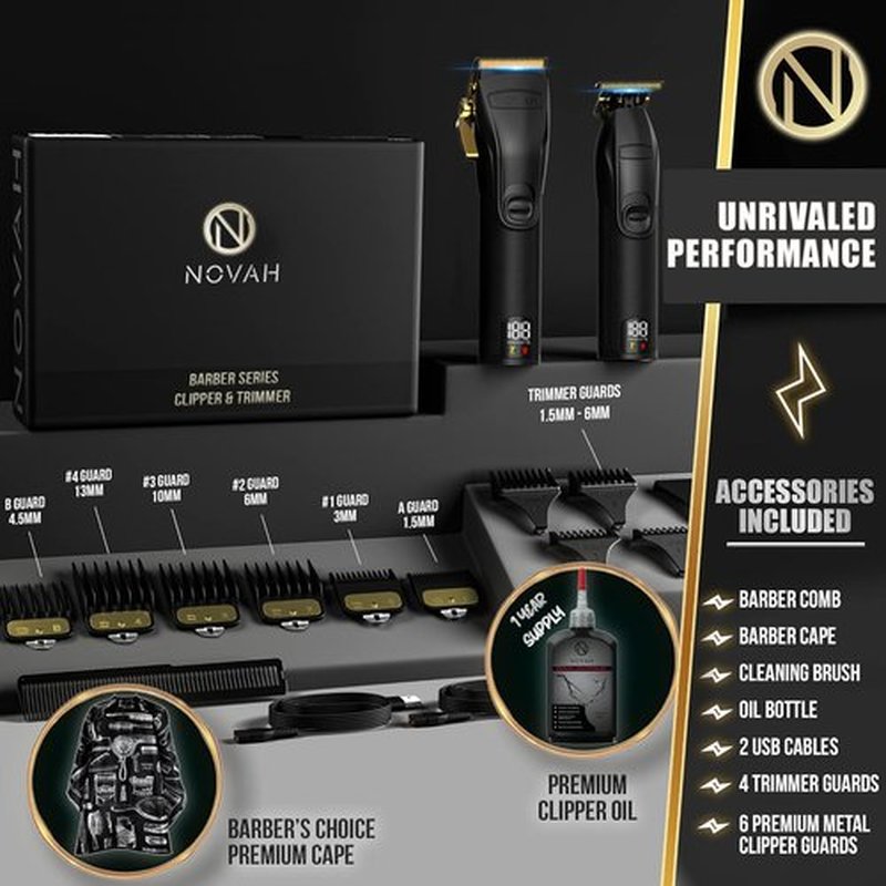 Novah® Professional Hair Clippers - Cordless Barber Trimmer Set for Men's Haircuts | Gold Finish