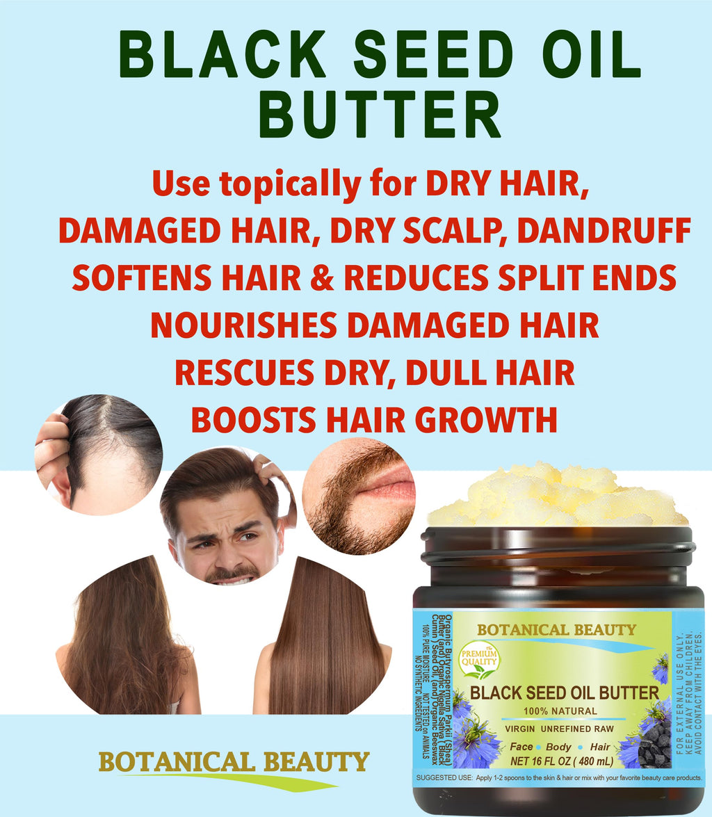 Botanical Beauty BLACK SEED OIL BUTTER 100% Natural Pure Virgin Unrefined Raw for FACE, SKIN, BODY, HAIR, NAILS, DRY SKIN. Organic Black Seed Oil, Shea Nut Butter, Vitamin E, Beeswax. 4 Fl oz 120 ml