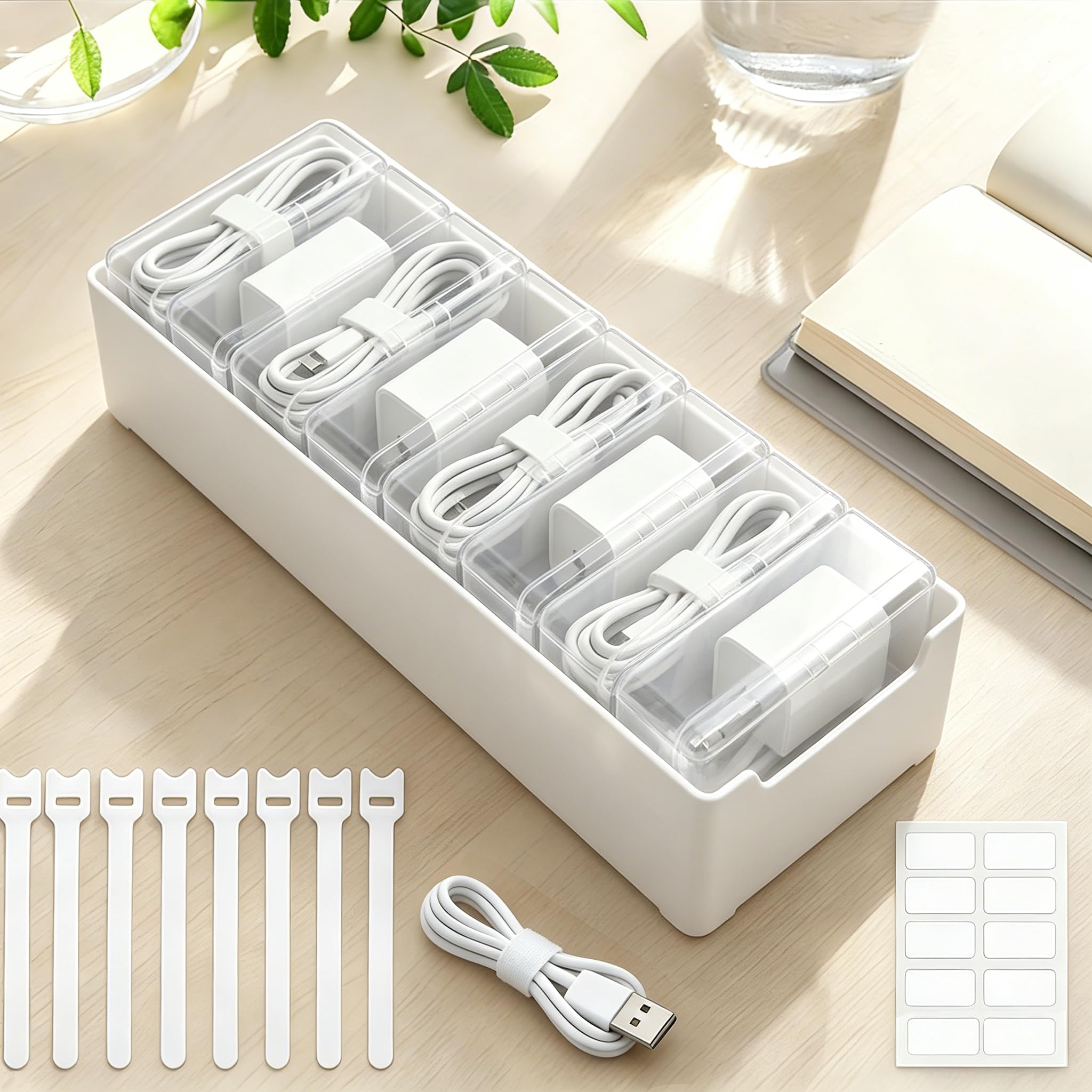 Cable Organizer Storage Box with 8 Wire Ties and Label Stickers,Desktop Charger Cable Management Box with Switch, Cord Organizer for Office,Home,Desk Accessories Storage Stationery Supplies（Clear）