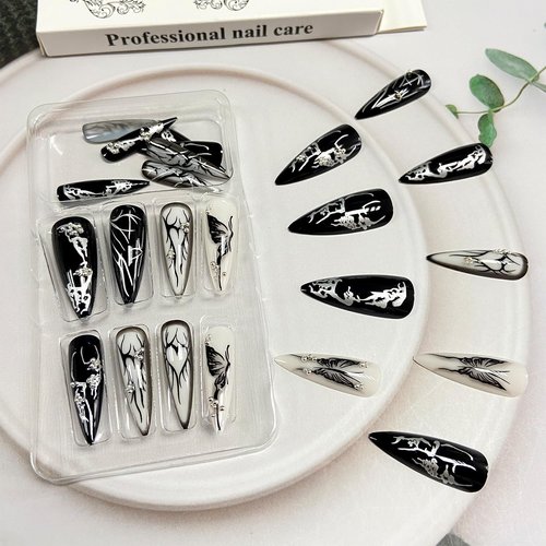 Tyuimhx Black Press on Nails Long Almond Fake Nails With Butterfly Heart Designs Pearls False Nails Full Cover Stick on Nails Acrylic Artificial Nails for Women Glue on Nails 24Pcs