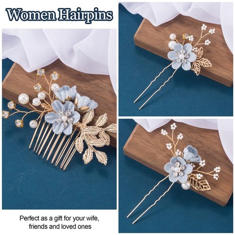 HINZIC 3pcs Flower Tassels Hairpin for Women, Non-Slip Pearl Hair Clips Headpiece, Retro Chinese Hanfu Wedding Brides Hair Accessories for Long Hair- Blue