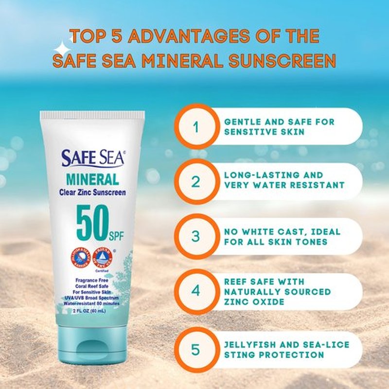 Safe Sea Zinc Oxide Sunscreen SPF50 | Clear Mineral Face Sunscreen | Anti-Jellyfish Sting Protective Lotion | Coral Reef Safe | Travel Size - 2Oz (60ml), Pack of 1