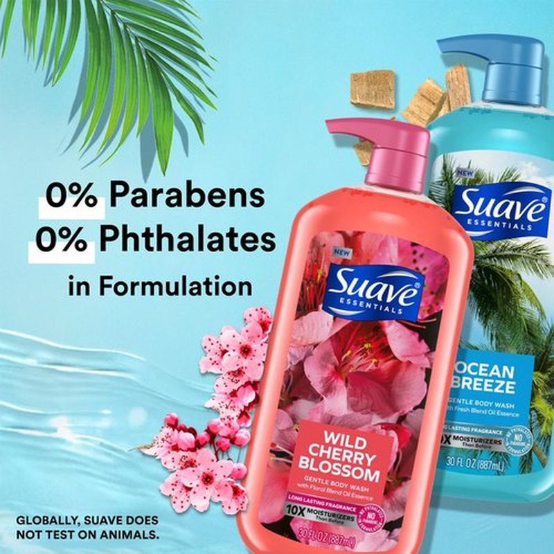 Suave Body Wash Variety Bundle – Ocean Breeze 2-Pack & Wild Cherry Blossom, Gentle & Moisturizing Body Washes with Vitamin E, 30 Oz Ea (3 Piece Set)