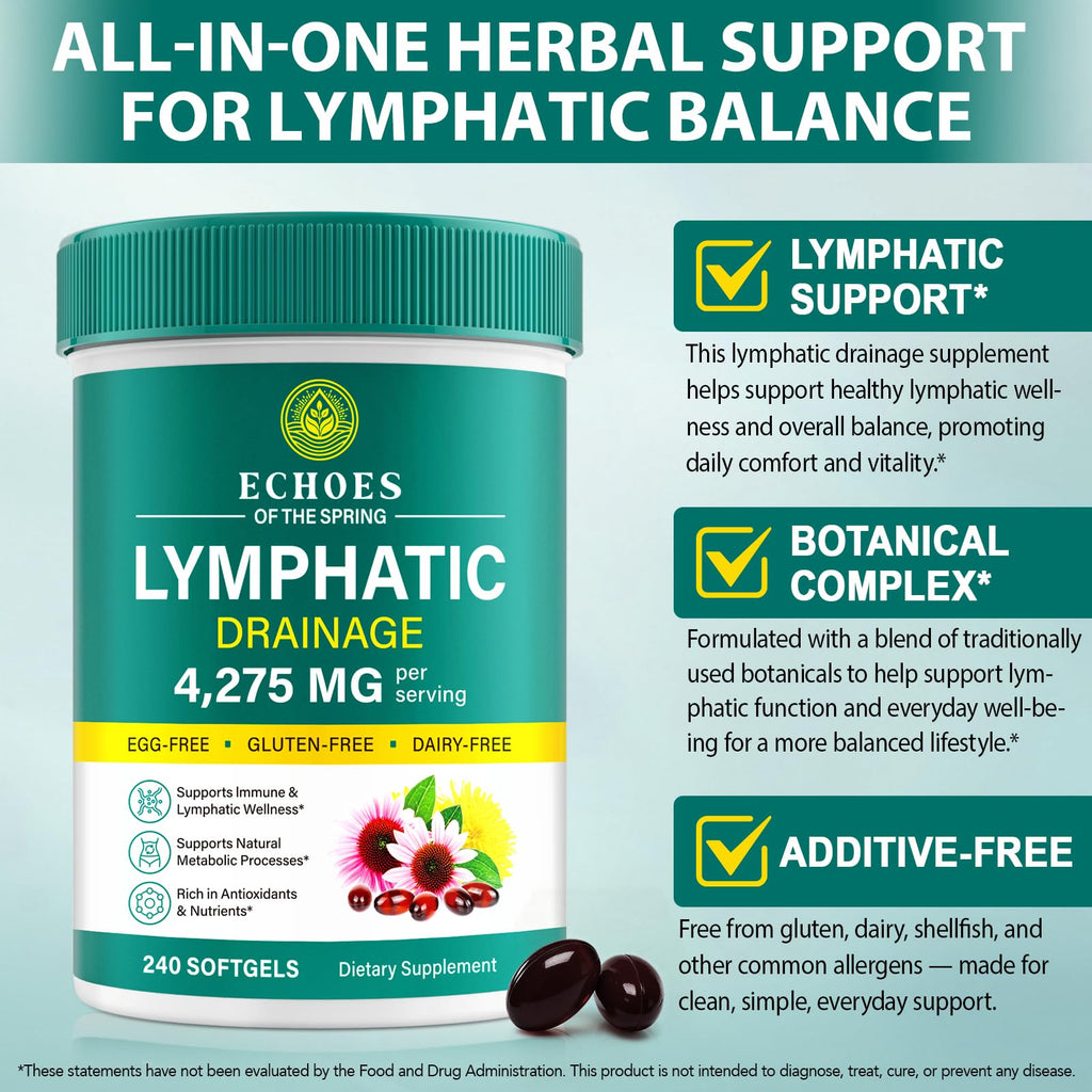 Lymphatic Drainage Supplements, 4275mg Lymph System Support Supplement for Women & Men, Daily Wellness Support, 21-in-1 Herbal Blend with Echinacea, Dandelion, Burdock, Turmeric & More, 240 Softgels