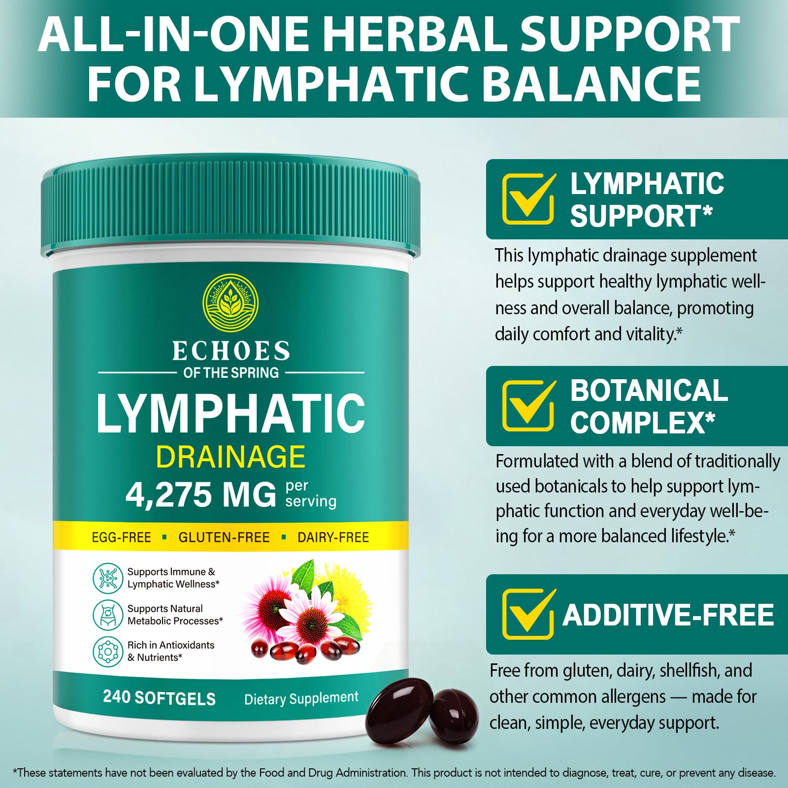 Lymphatic Drainage Supplements, 4275mg Lymph System Support Supplement for Women & Men, Daily Wellness Support, 21-in-1 Herbal Blend with Echinacea, Dandelion, Burdock, Turmeric & More, 240 Softgels