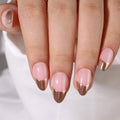 RTKHFZE Press On Nails Short - French Tip, Almond, Metallic Chrome Gold Finish, Reusable Stick On Nails in 16 Sizes - 32 Soft Gel False Nails Kit