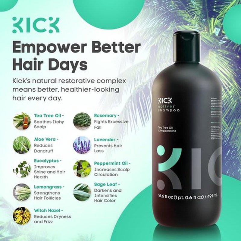 Kick Mens Shampoo - Peppermint & Tea Tree Oil Control - Sulfate-Free Anti-Dandruff Formula - 16.6oz