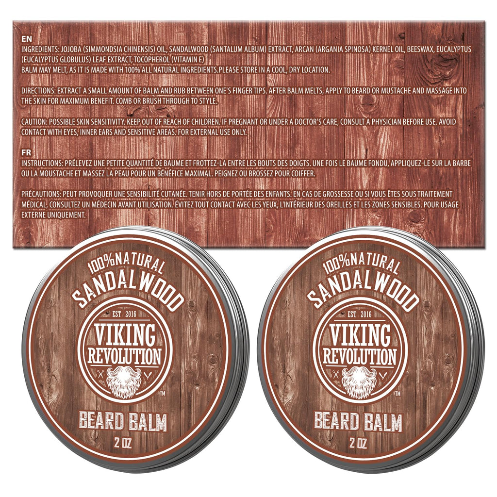 Viking Revolution Sandalwood Beard Balm - Beard Butter with Argan Oil, Beard Softener for Men with Jojoba Oil - Beard Moisturizer for Men with Beeswax - Beard Wax for Men (2oz, 2 Pack)