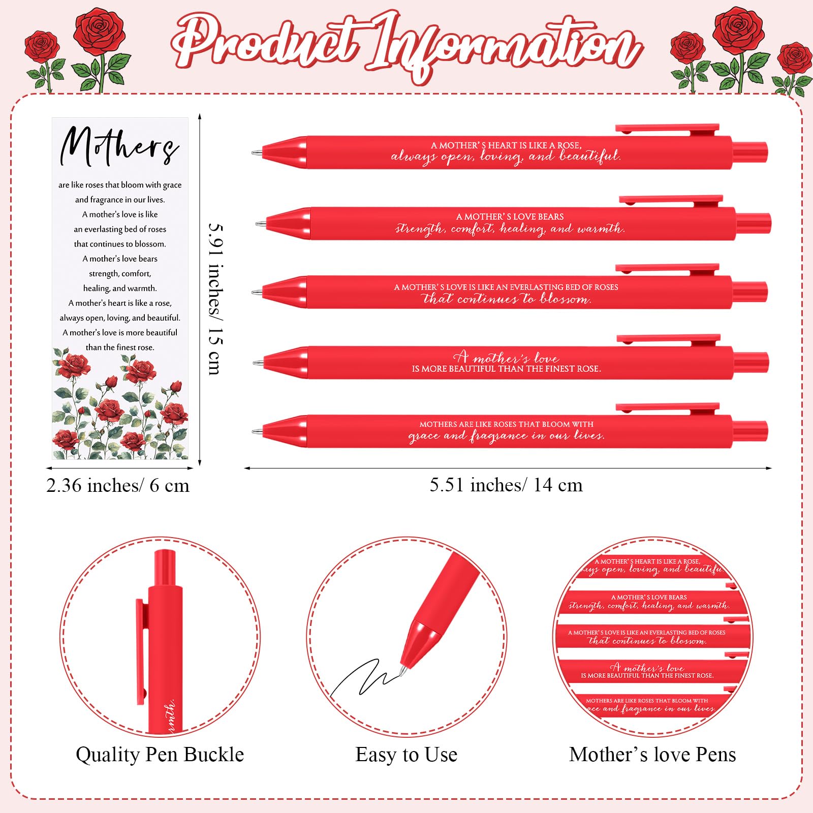 Motiskyy 18 Sets Happy Mother's Day Rose Gifts bulk Red Ballpoint Pens Heart Rose Christian Keychain with Bless Card Bag Positive Affirmative Appreciation Gift for Mom Women Birthday Office Supplies