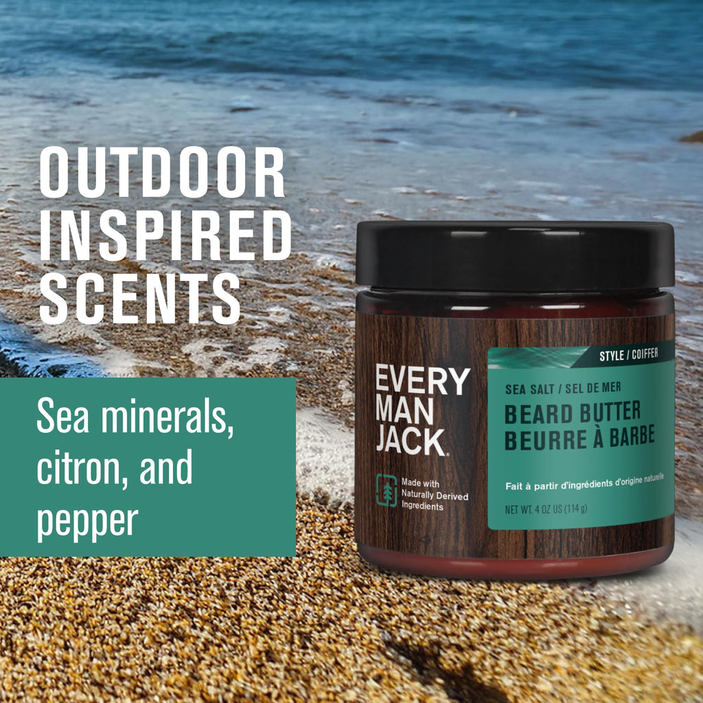 Every Man Jack Beard Butter- Subtle Sea Salt Fragrance - Rejuvenates, Hydrates, and Styles Dry, Unruly Beards While Relieving Itch - Naturally Derived with Shea Butter and Coconut Oil - 4oz