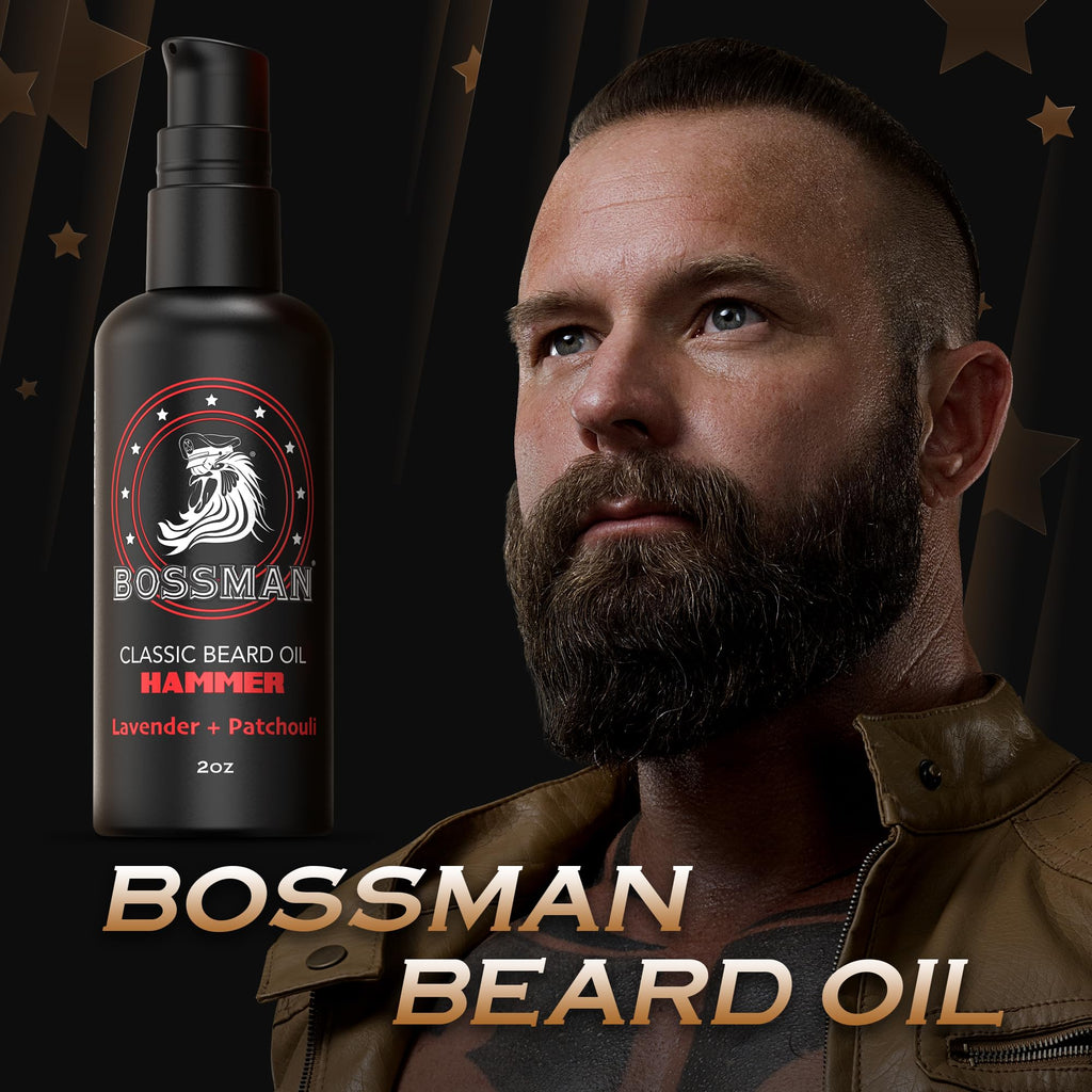 Bossman Organic Mustache & Beard Oil for Men, 2 oz – Natural Beard Moisturizer with Jojoba, Argan & Avocado Oils (Hammer Scent)