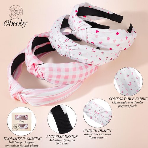obeoby Pink Knotted Headbands, Trendy Heart Stripes Headbands for Girls Non-Slip Hair Bands for Women’s Hair (4Pack)