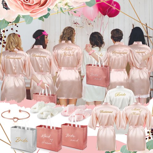 Shyyween 48 Pcs Bridesmaid Bride Robes Set of 8 Bridal Party Silk Satin Robes for Wedding Bachelorette Party Gifts (White,Pink)