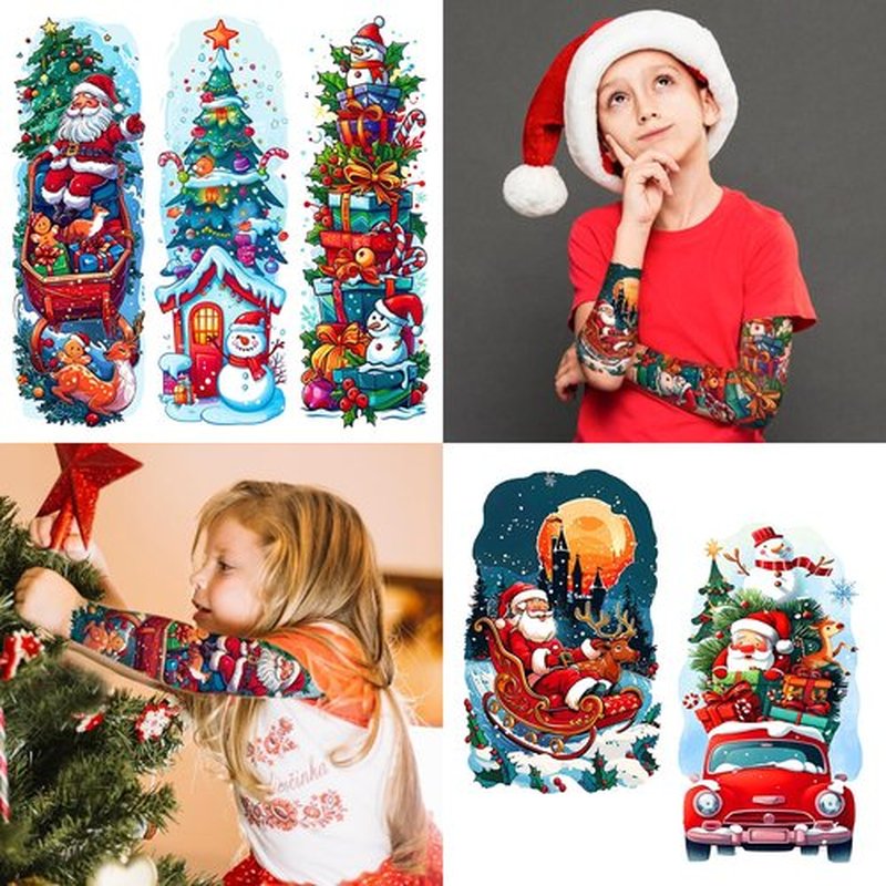 Leesgel 36 Sheets Christmas Full Arm Temporary Tattoos for Kids, 10Pcs Snowy Santa Claus Deer Sleeve Fake Tattoos, 320 Styles Christmas Themed Party Tattoos Stickers for Boys Girls