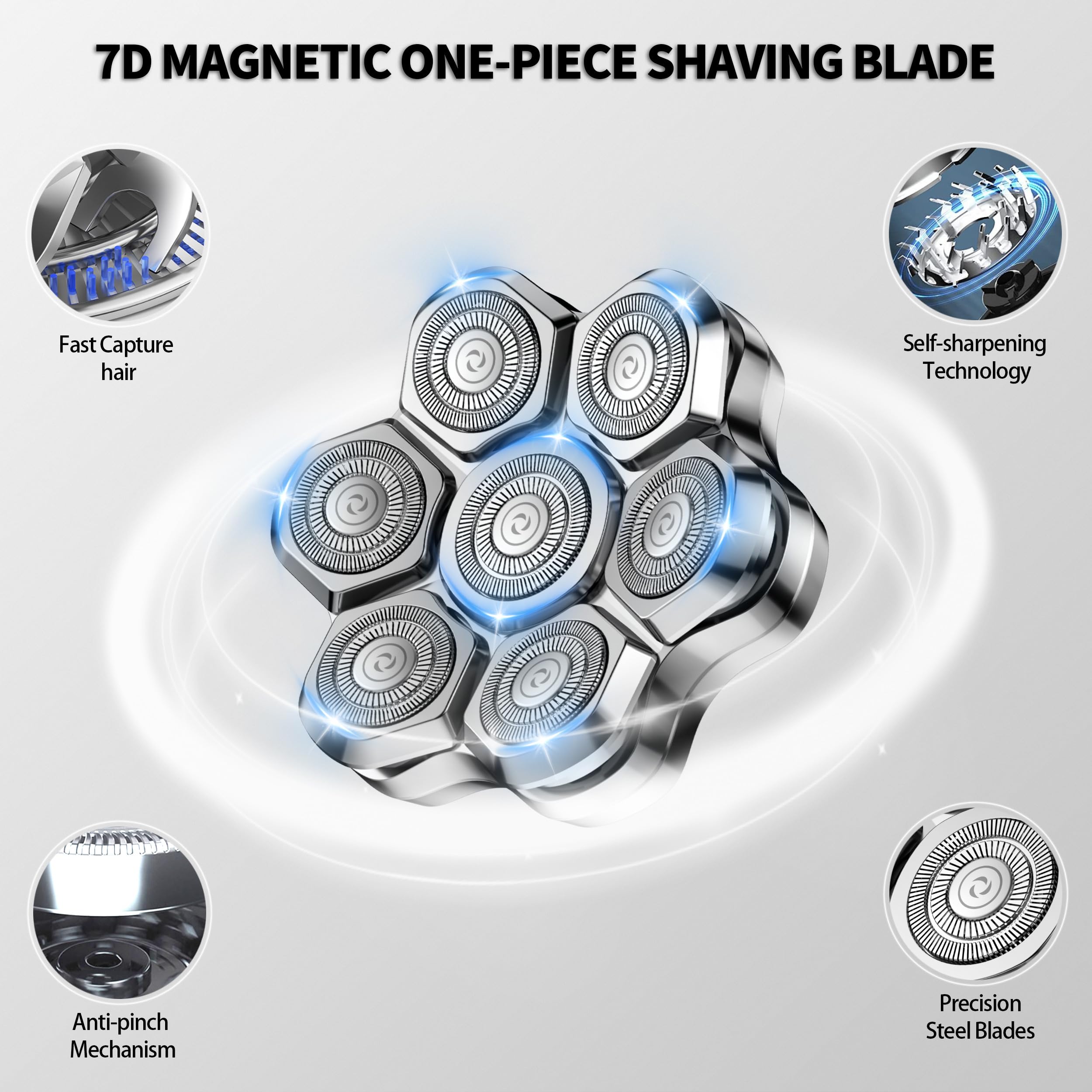Universal Head Shaver Replacement Heads Magnetic 7 Blades Head Shavers Replacement Blades for Bald Men Compatible with Freebird Shaver & Other Brands (silver8)