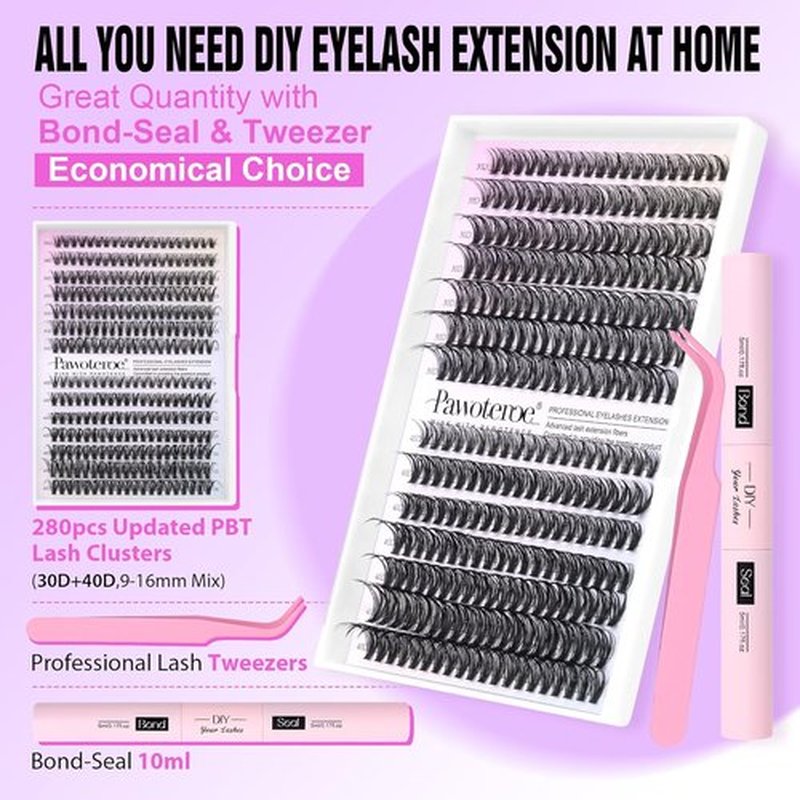 Pawotence Lash Extension Kit - 280pcs DIY Eyelash Clusters | 9-16mm 30D & 40D Individual Lashes, Bond & Tweezers